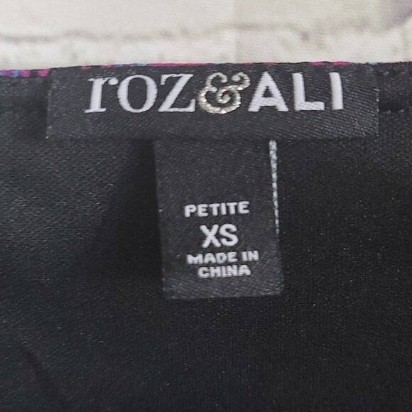 Roz & Ali Petite XS Purple Teal Aztec Flowy Short Sleeve Scarf Drape Tank Blouse - Picture 5 of 5